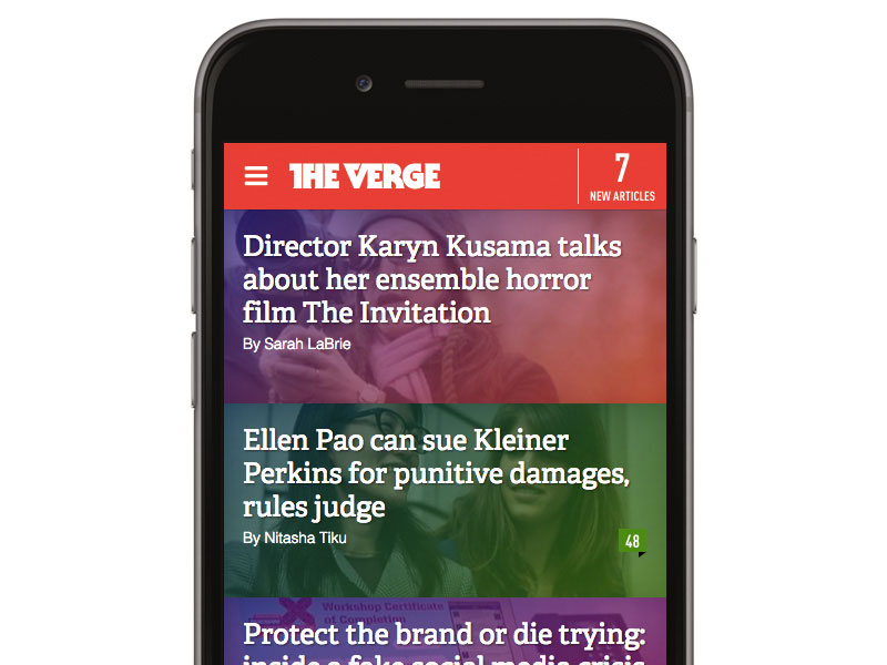 The Verge is a perfect example of tapable space and finger friendly buttons, read post titles with illustrations.