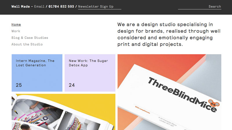 Well Made Studio combines pastel color palette with clearly defined cards for content pieces laid out in an organised grid.