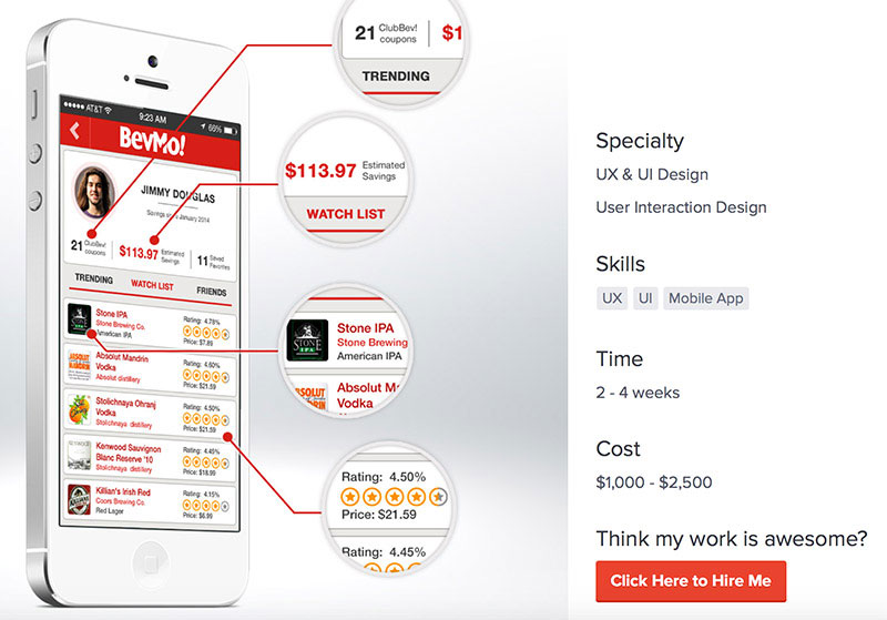 Club BevMo Mobile App project page by AwesomeWeb member Larry Sawyer is a great example how to present your work and include useful details.