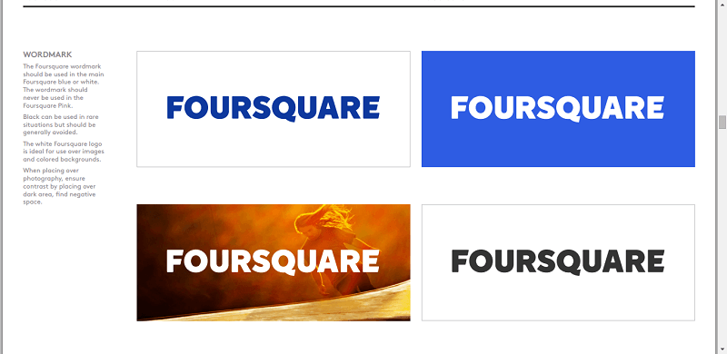 Foursquare style guide includes its wordmark, logo, and social media icons.