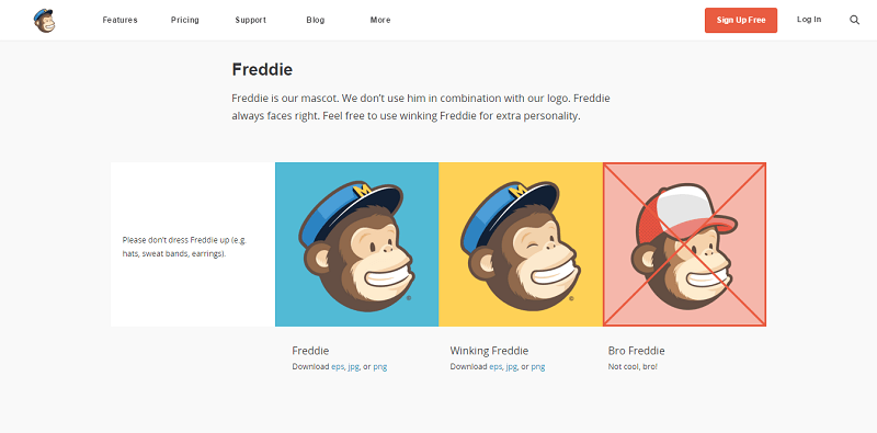 The Mailchimp guide includes logo in PNGs and EPSs, Freddie, brand color, and app screenshots