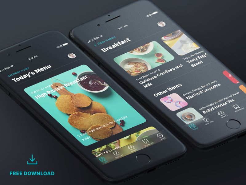 Food Dark iOS 11 Free iOS 11 UI Kits Mockups Icon Sets