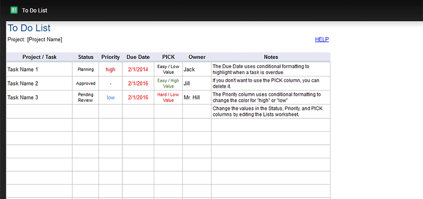 To Do List for Excel and Google Sheets