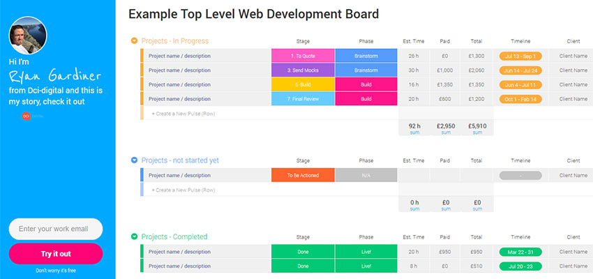 Ryan Gardiner's monday.com web development board.