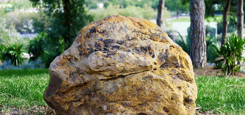 A boulder sitting in grass.