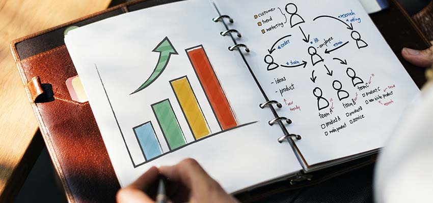 Business charts in a notebook.