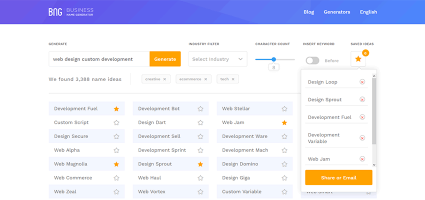 Viewing and Sharing Saved Ideas with Business Name Generator