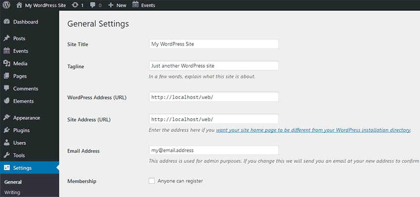 The WordPress General Settings page.