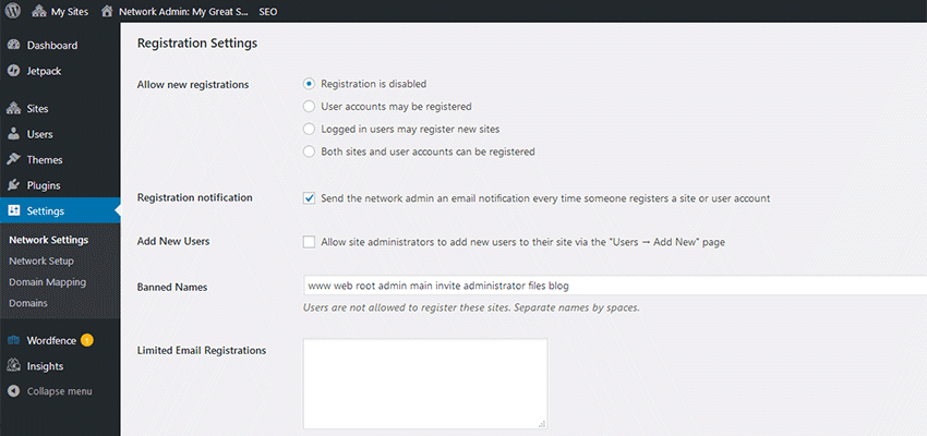 WordPress Network Settings page.