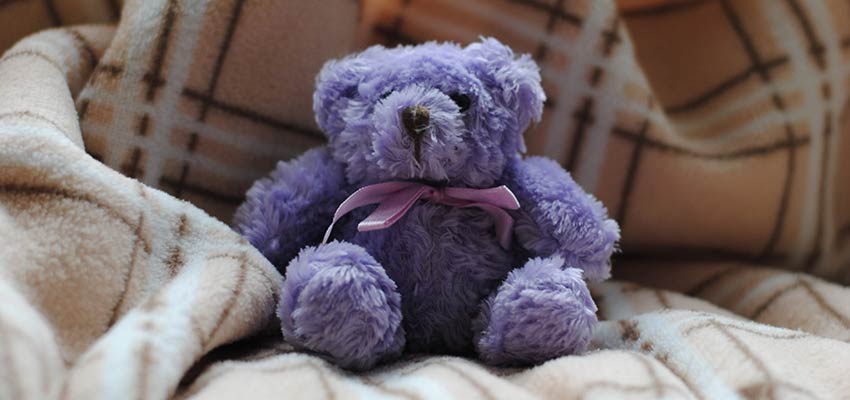 A teddy bear sitting on a sofa.