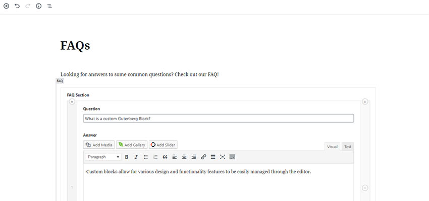 A custom FAQ block within Gutenberg.