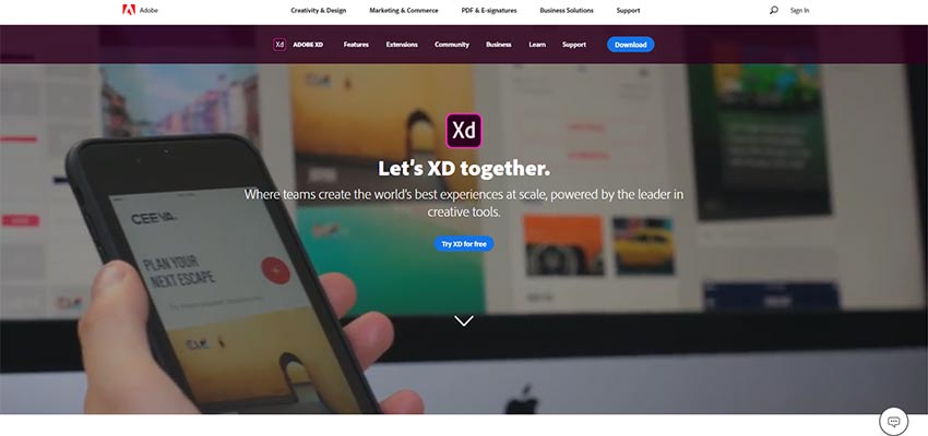 Adobe XD主页。