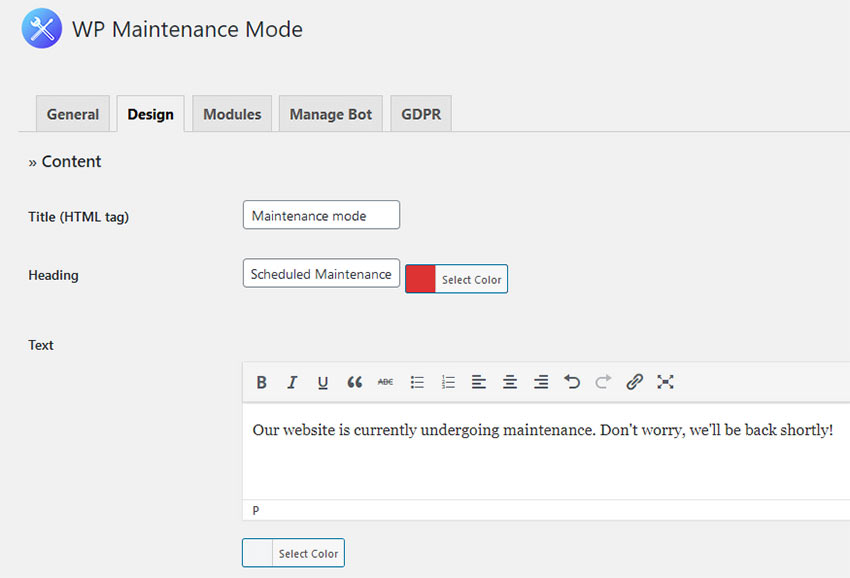 The WP Maintenance Mode Design screen.