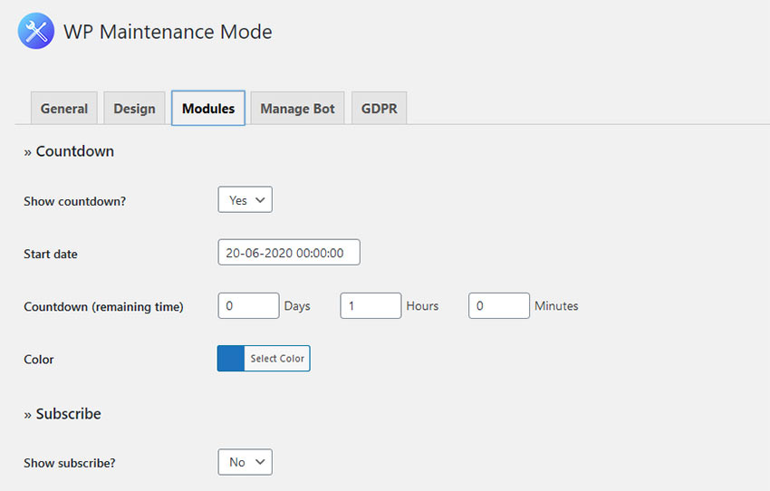 The WP Maintenance Mode Modules screen.