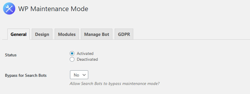 The WP Maintenance Mode General screen.