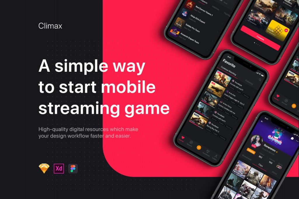 Climax - Live Game Streaming UI Kit - UX and UI kits