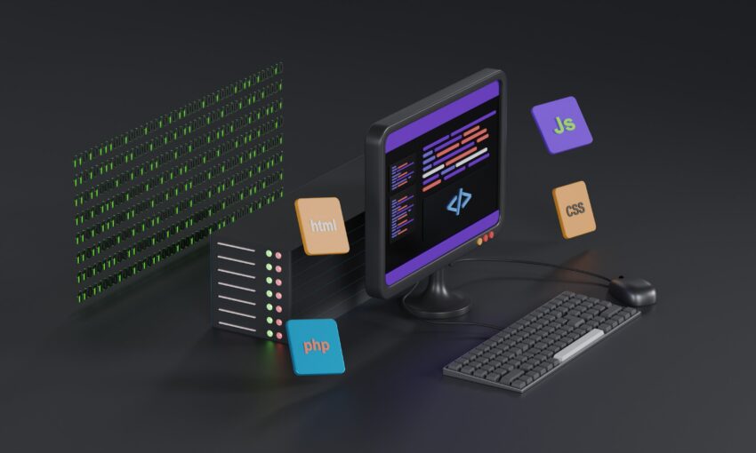A PC with floating logos of HTML, CSS, JavaScript and PHP